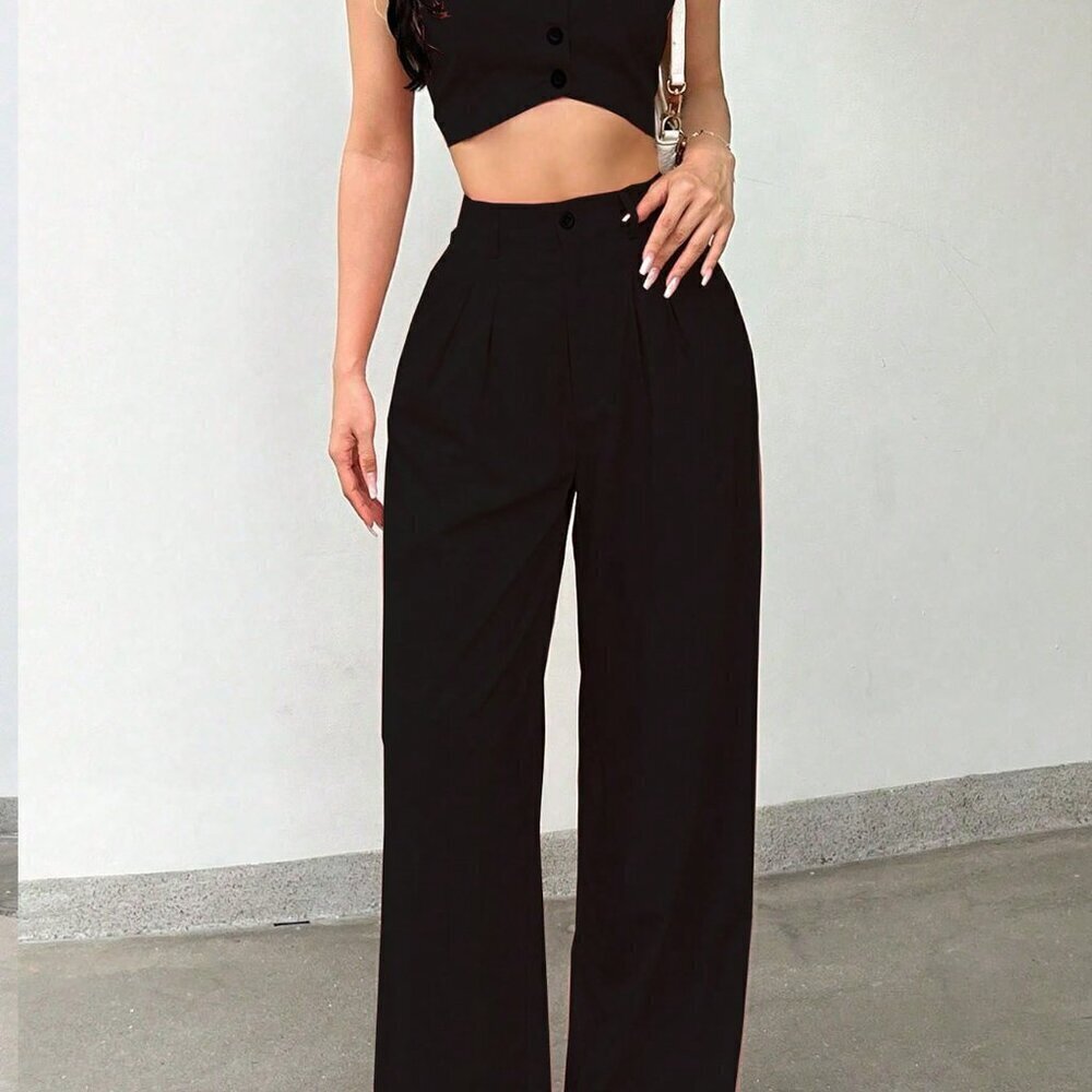 Black Casual Women's Asymmetric Hem Sweetheart Neck Sleeveless Top & Pants Set - Picture 4 of 5